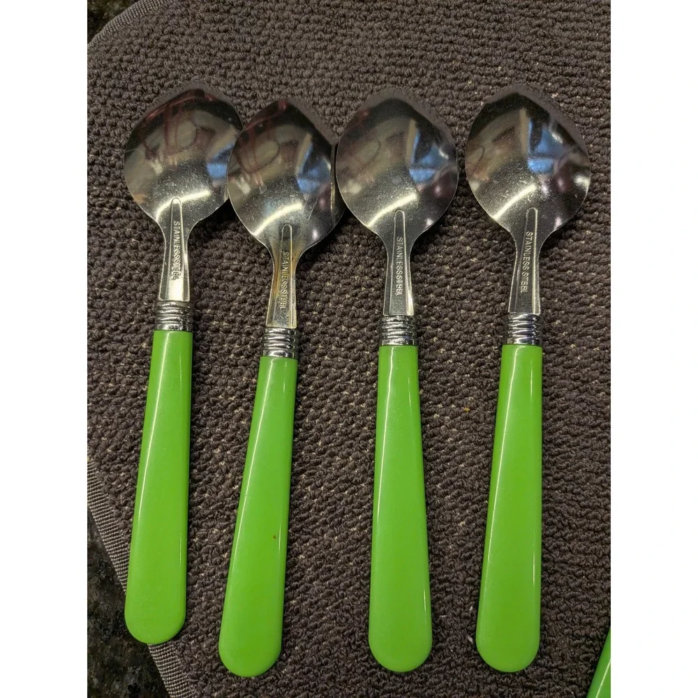 16-Pc Stainless Steel Flatware Set Lime Green Triple-Ring Bolster Handles